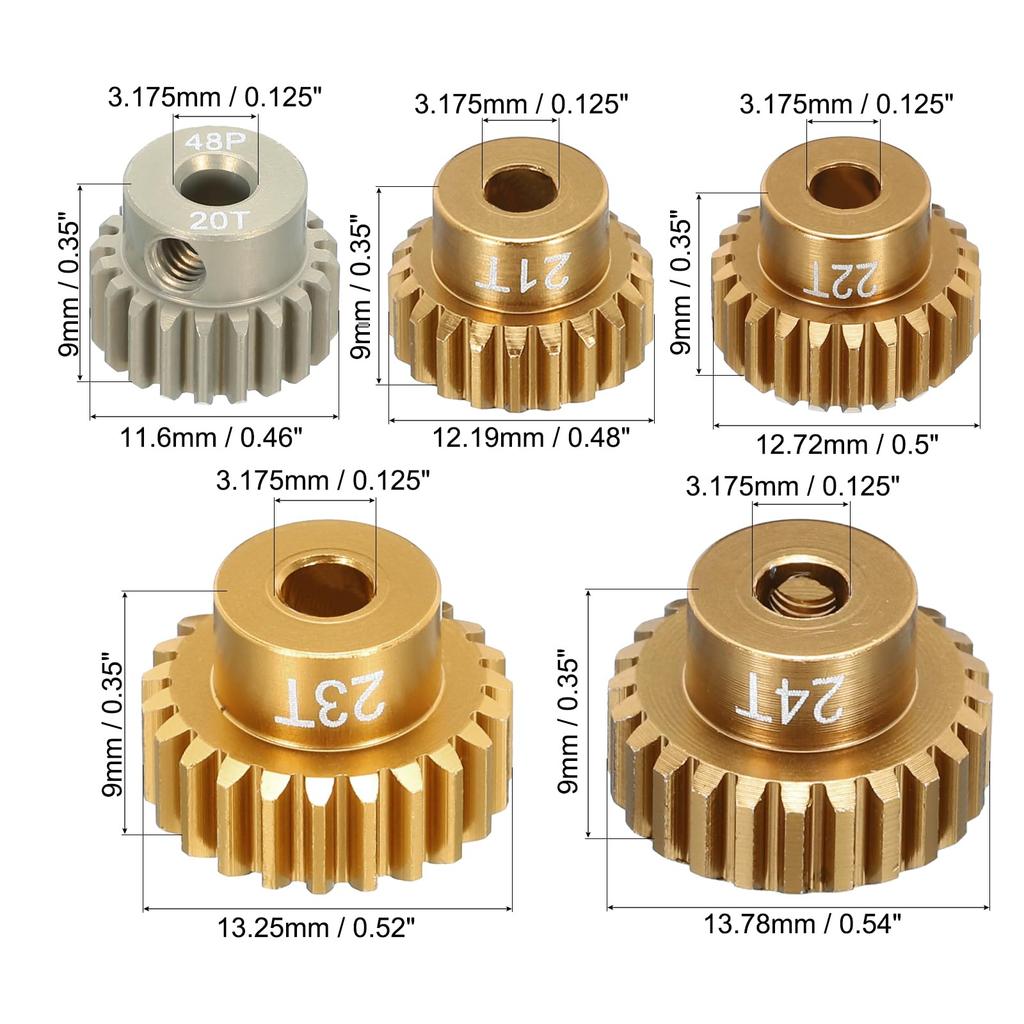 uxcell RC 48DP Hardened Aluminum Pinion Gears for 110112 RC Model Cars, 3.175mm Shaft, 20T21T22T23T24T, 5 Pieces