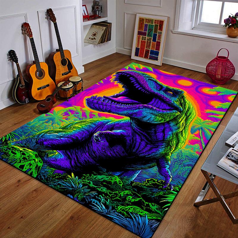 Neon Dinosaur in Tropical Jungle Patterned carpet a non slip rug suitable for all seasons and any setting, gift