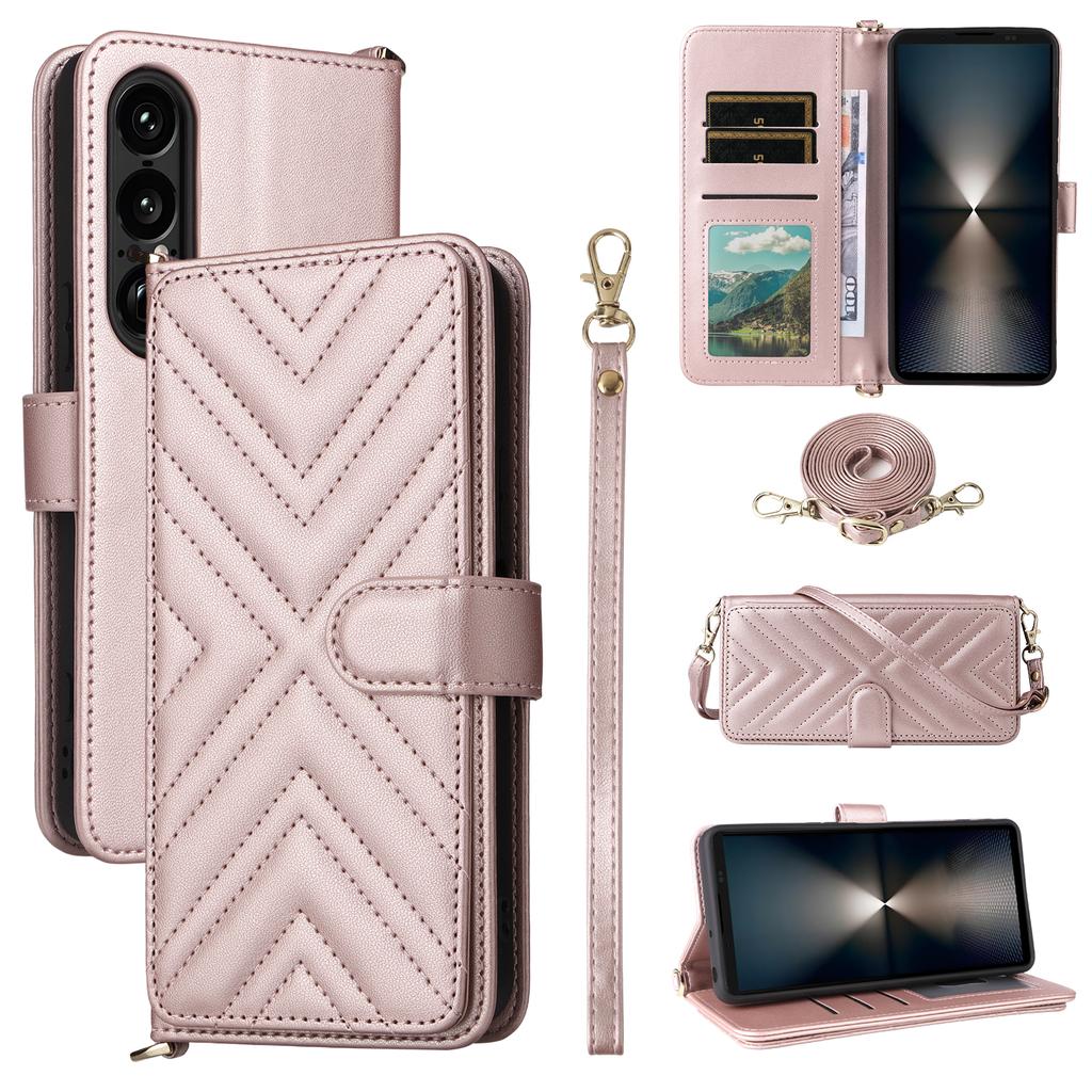 For Sony Xperia 1 VII Wallet Case with Shoulder/Wrist Strap Leather Phone Cover Stand