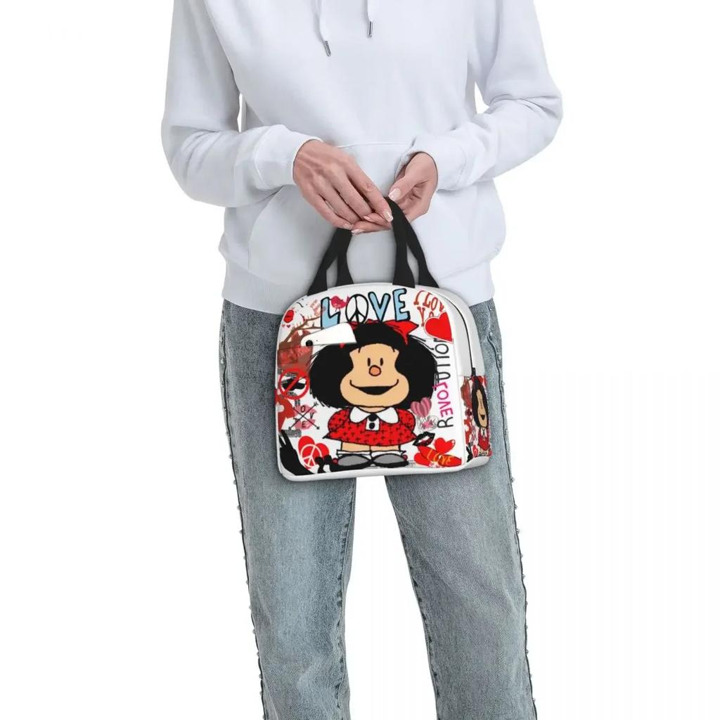 Love Peace And Mafalda Insulated Lunch Bags Thermal Bag Quino Argentina Cartoon Tote Lunch Box Food Storage Bags School Picnic