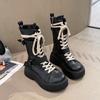 Мотоциклетные ботинки, женские универсальные модные короткие ботинки в английском стиле на шнуровке, с круглой головкой, на толстой подошве, из черного искусственного материала для взрослых Q122