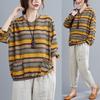 Spring Literary and Artistic Cotton and Linen Contrast Color Striped T-shirt Loose and Easy To Match Stitching Knitted V-neck Long Sleeves