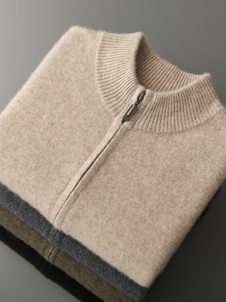 Men's Versatile Stand-Up Collar Cashmere Wool Cardigan - Long-Sleeve, Thickened Knitted Coat for Autumn and Winter