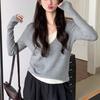 Осень и зима новый вязаный пуловер с имитацией двойки, женский однотонный базовый, топ с V-образным вырезом и длинными рукавами для ношения внутри и снаружи
