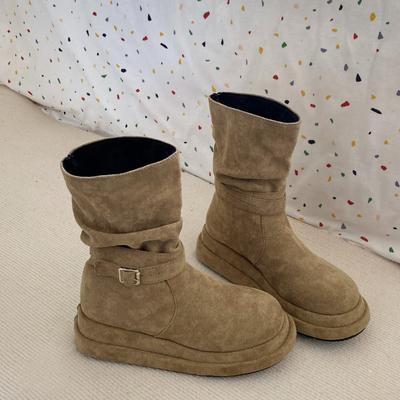 Модные туфли на плоской подошве из замши на щиколотку для женщин, зимние ботинки на платформе, теплые плюшевые хлопковые туфли, зимние 2025 года, трендовые готические удобные нескользящие ботинки для ходьбы Mujer