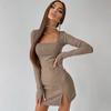 Ribbed Women Solid Long Sleeve Slit Mini Dress Square Collar Bodycon Sexy Streetwear Party Club Autumn Winter