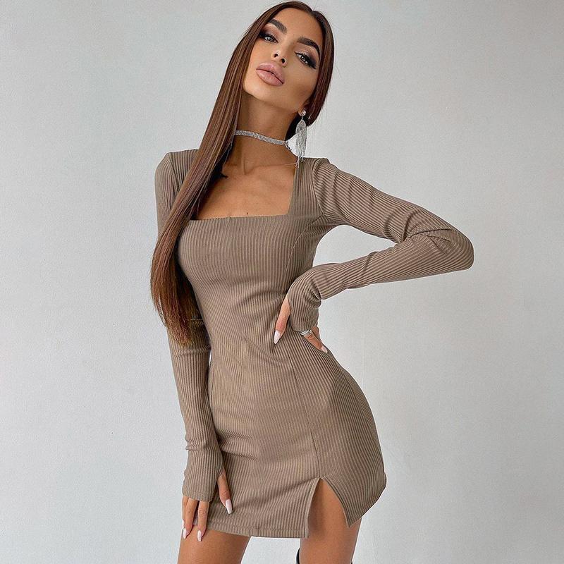 Ribbed Women Solid Long Sleeve Slit Mini Dress Square Collar Bodycon Sexy Streetwear Party Club Autumn Winter