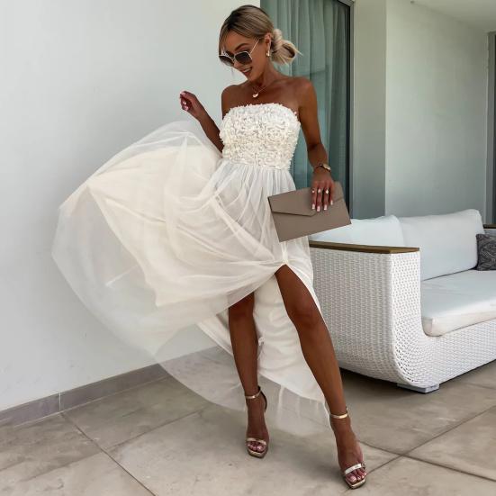 Женское вечернее платье с открытыми плечами-бандо с открытыми плечами и разрезом подолу, двухслойная цветочная аппликация, плиссированное кружевное бальное платье без рукавов с высокой талией, макси