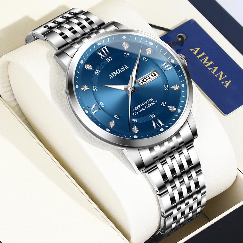 Men Quartz Watch Dual Day Date Wristwatch Gold Silver Stainless Steel Band Roman Numeral Diamond Scale Business Male Clock
