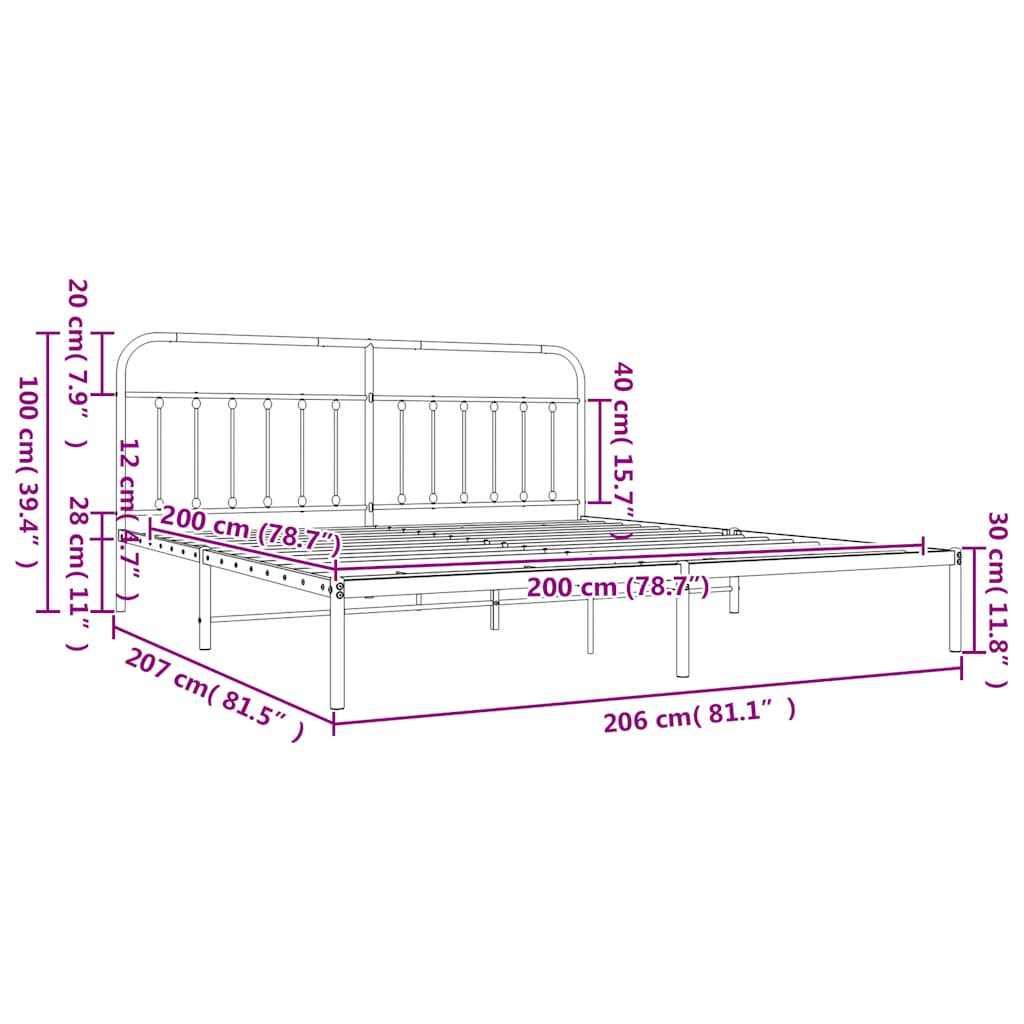 Metal Bed Frame with Headboard Black 200x200 cm