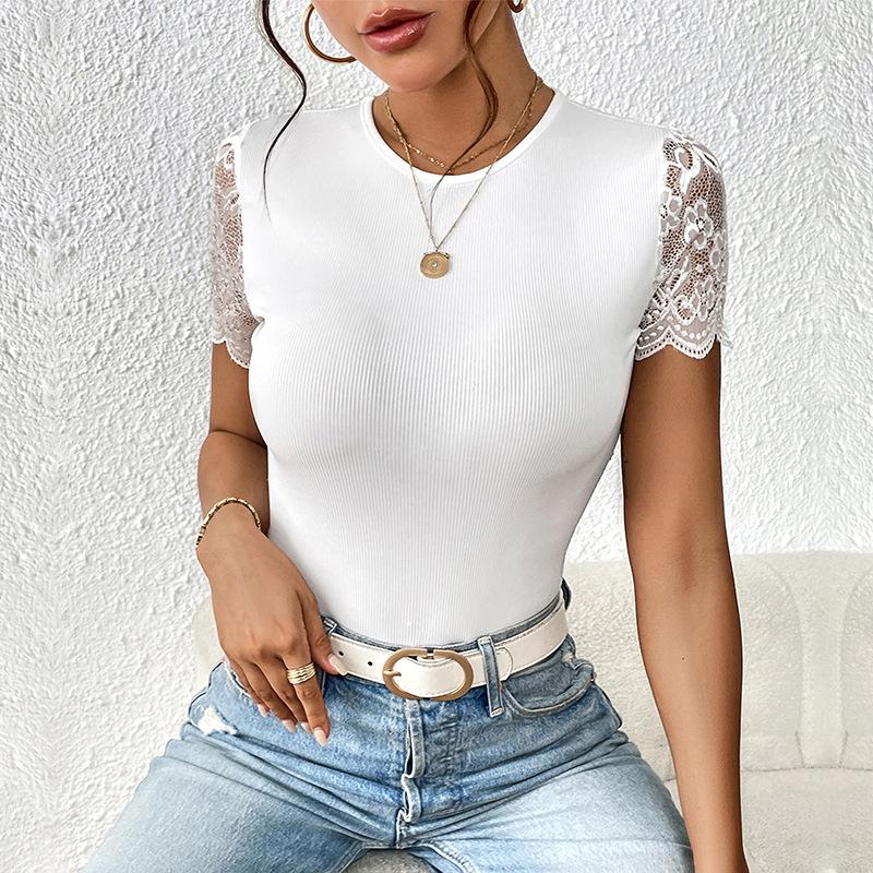 Summer Women's T-Shirt Short Sleeves Jumpsuit Slim Pitted Bodysuit Lace Splicing Top Back Hollowed Out Tie Tops