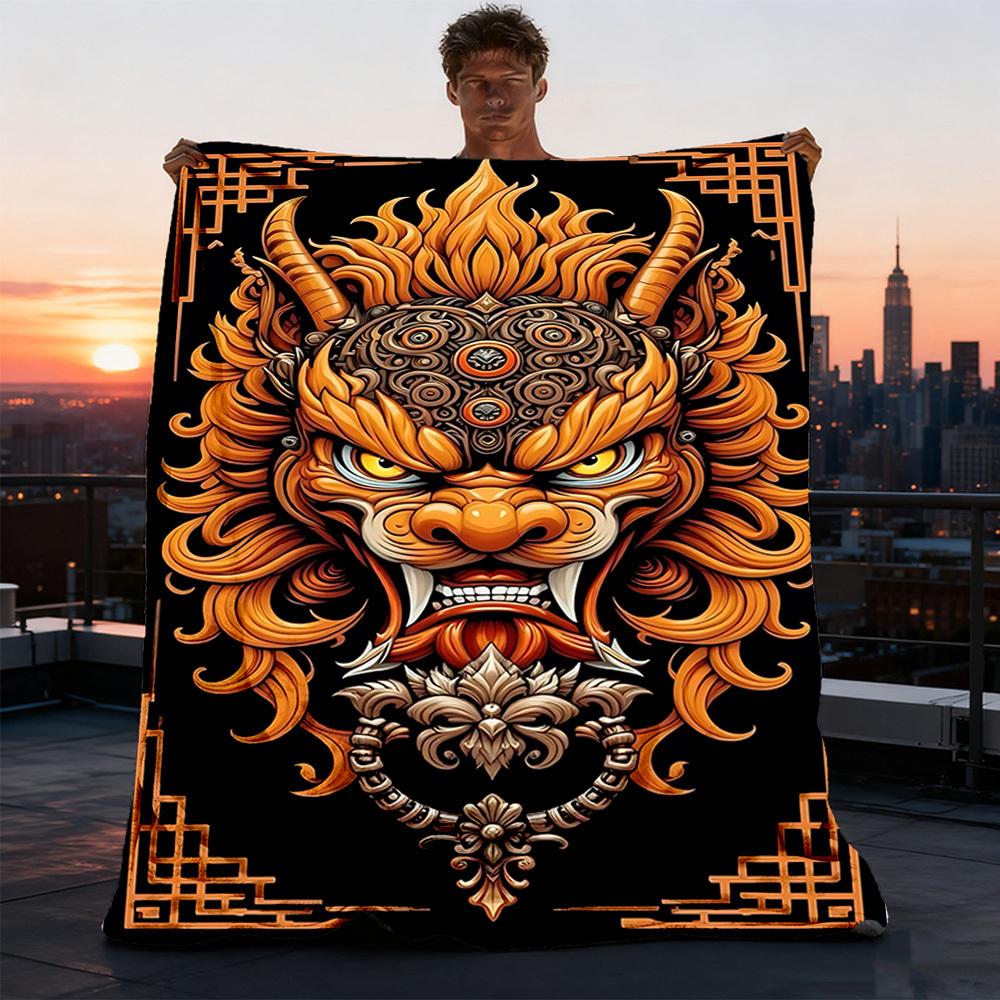 1pc Dragon Mask Design Outdoor Flannel Blanket Soft All Season Polyester Throw , Perfect for Picnics & Travel , Picnic Accessory