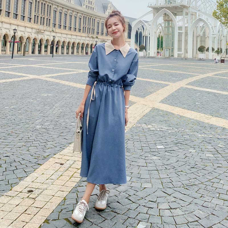 Французское платье-рубашка с длинным рукавом в стиле колор-блок, женское, весна-осень, с акцентом на талии, темпераментное, молодежное, длинная юбка