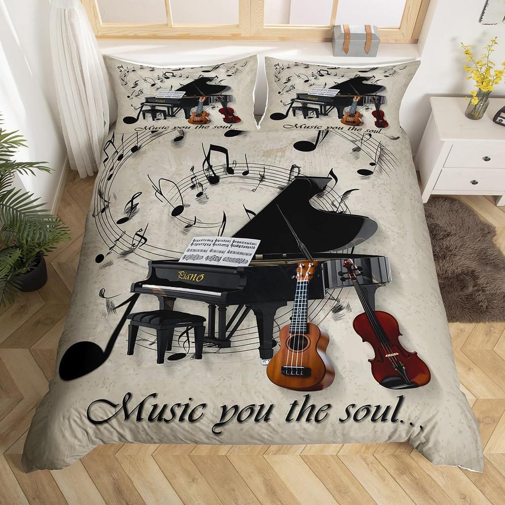 Guitar Duvet Cover Twin,Modern Music Themed Bedding Set Kids Cool Hip Pop Inspired Bed Cover,Musical Instrument Comforter Cover