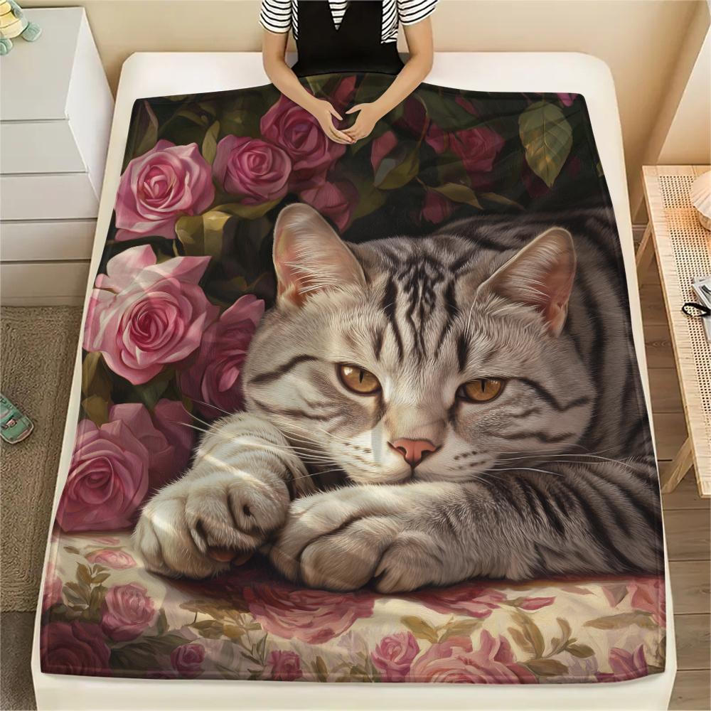 American Shorthair and Roses,pattern Flannel Blanket, High quality Comfortable for All Seasons, Home Decor, Warmth and Comfort, Perfect for Gifts.
