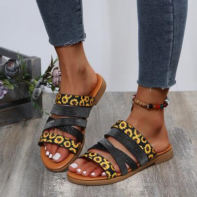 Мода 2024 НОВЫЕ летние женские босоножки на плоской подошве с леопардовым принтом и открытым носком, пляжные шлепанцы, фирменные дизайнерские сандалии и босоножки для женщин
