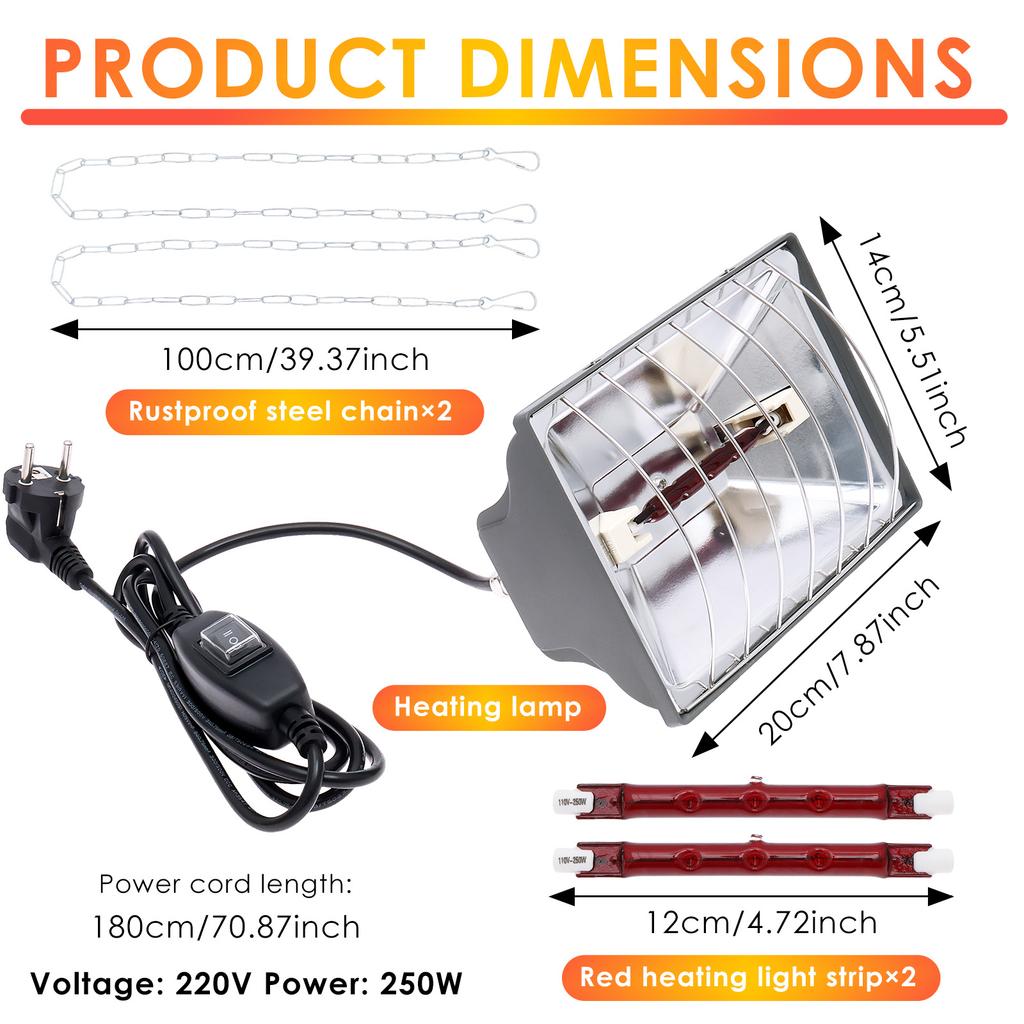 250W Heater Lamp for Chicken Coop Adjustment Hanging Brooder Heater with Infrared Heat Lamp Tube for Lamb Pig Chick Duck Poultry