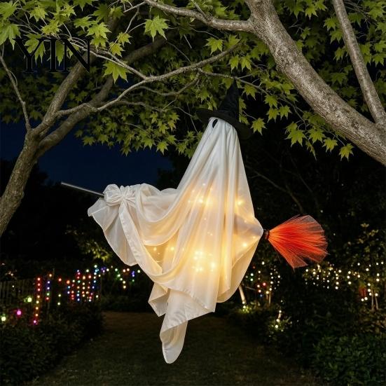Decorative Halloween Witch Ghost Hanging with Broom Decoration, Flying Ornament for Funny Door Hanger Haunted House Porch Tree Spooky Outdoor