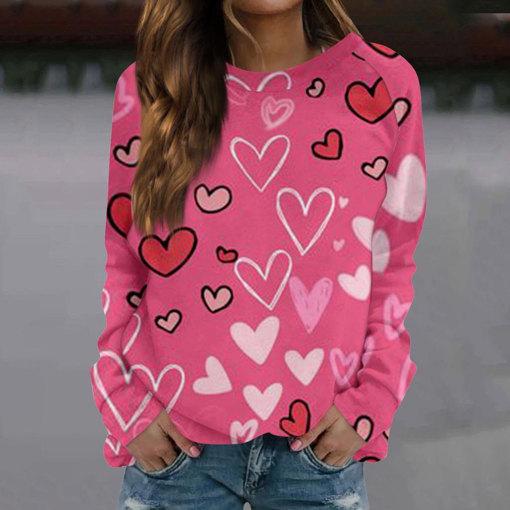 Женская модная повседневная толстовка с длинным рукавом и принтом на День святого Валентина и круглым вырезом