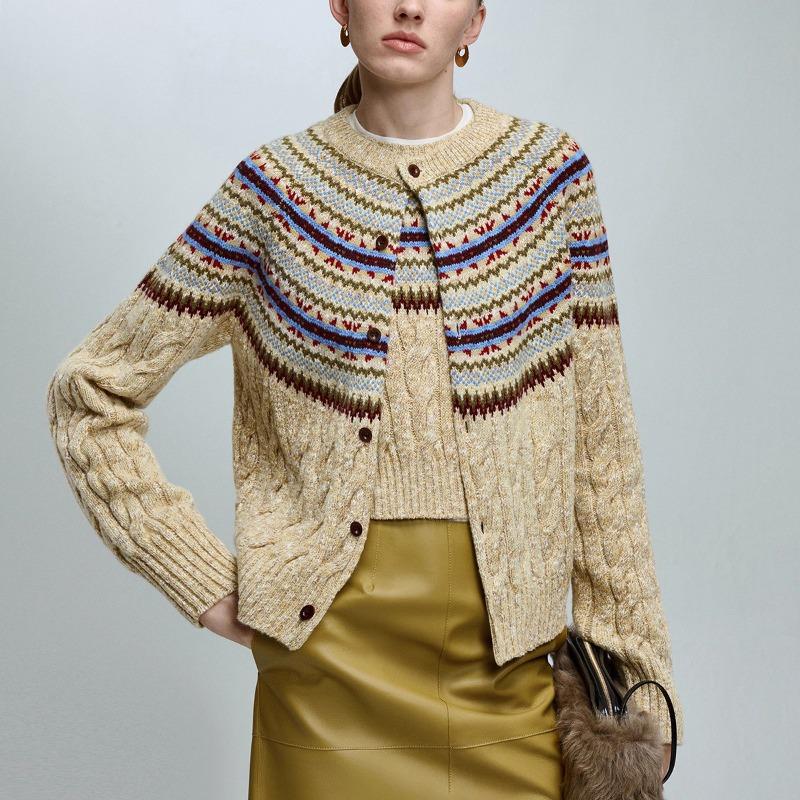 Vintage Wool-Cotton Cable Knit Cardigan – Mélange Fancy Yarn Winter Sweater, Round Neck, Long Sleeve