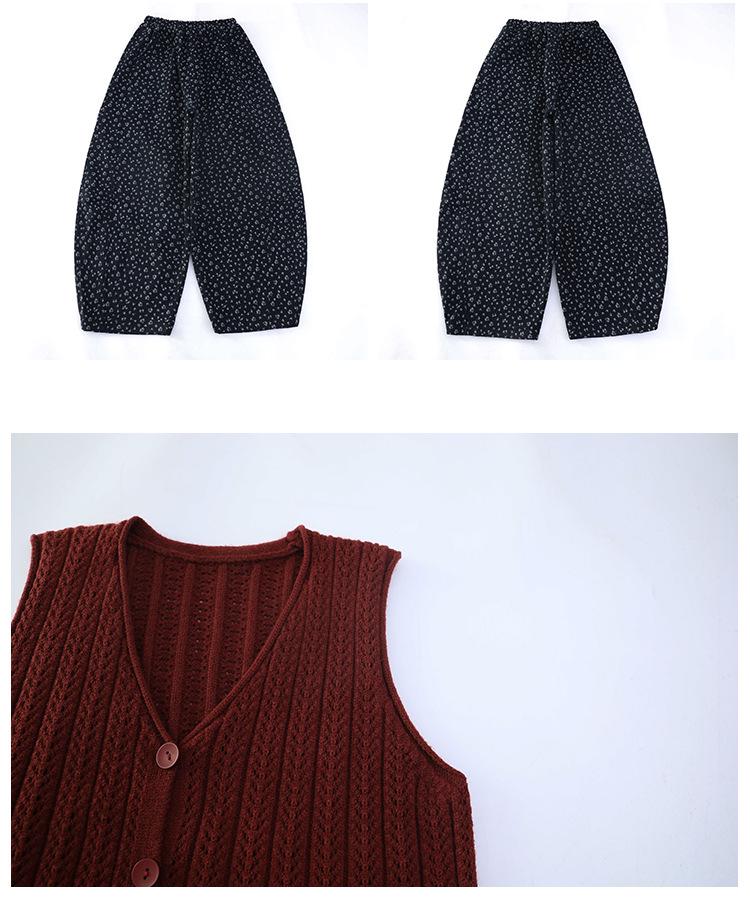 Модный корейский комплект-тройка для девочек, осень 2025: Вязаный жилет с брюками с цветочным принтом для детей старшего возраста