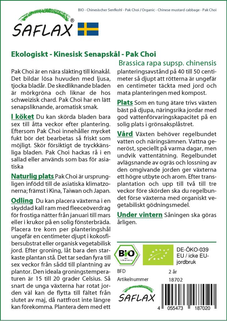 SAFLAX Garden in the Bag - Органическая - Китайская горчичная капуста - Пак Чой - 300 семян - С субстратом в подходящем стоячем пакете - Brassica rapa
