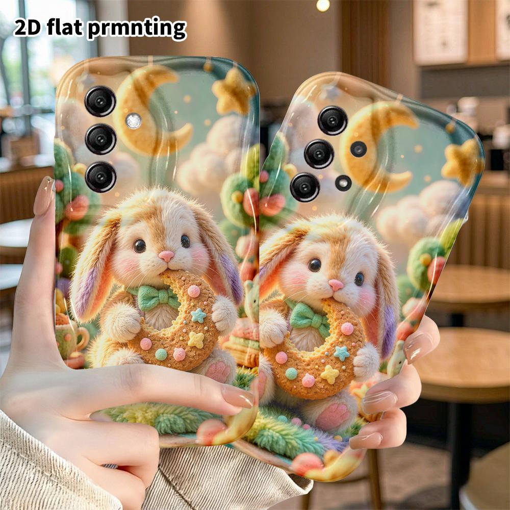 Phone Case: 2D flat design suitable for Samsung Galaxy A34 A35 M05 M06 S20 S22 S21 FE Plus 5G protective case, lop-eared rabbit nibbling the moon, per