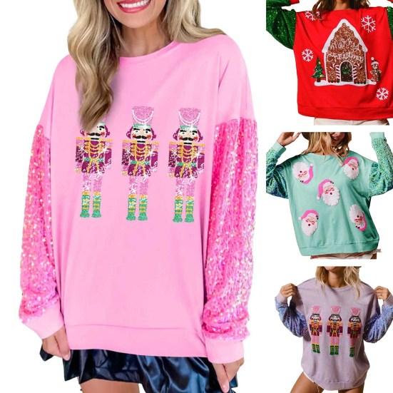 Женская рождественская толстовка с пайетками и мультяшным узором, круглый вырез, длинный рукав, свободный пуловер средней длины