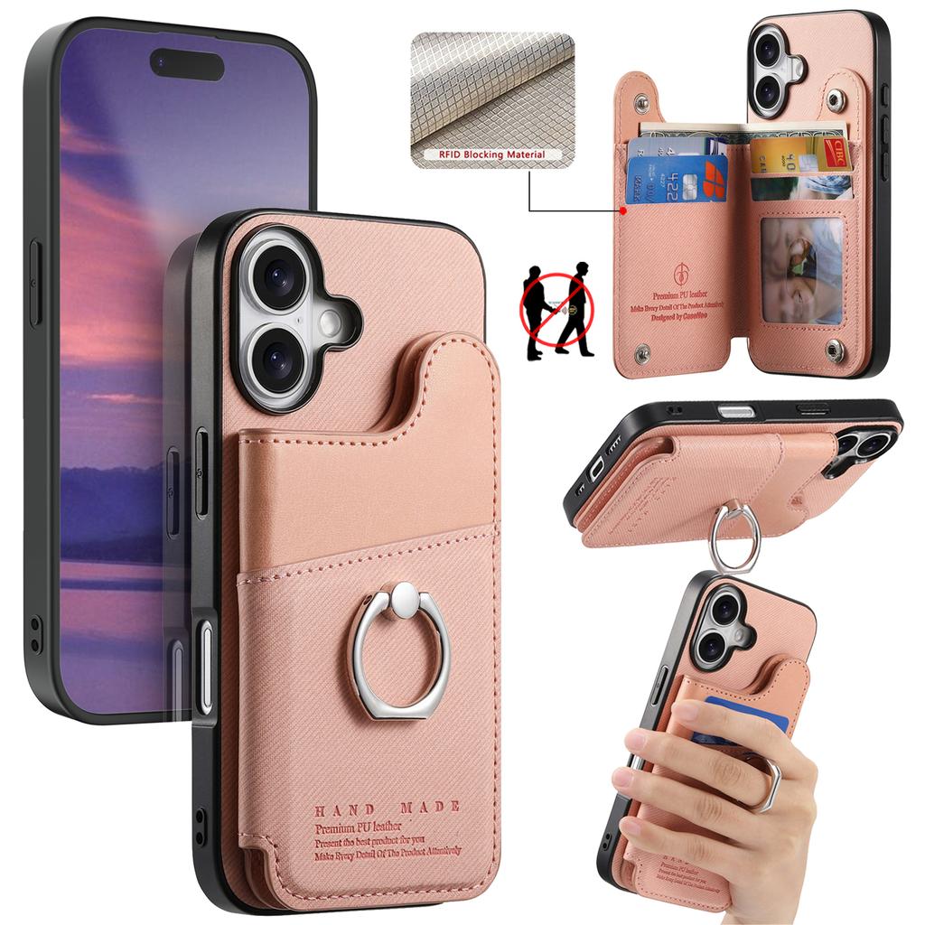 For iPhone 16 Case with Card Holder Kickstand Leather+TPU+PC Phone Cover