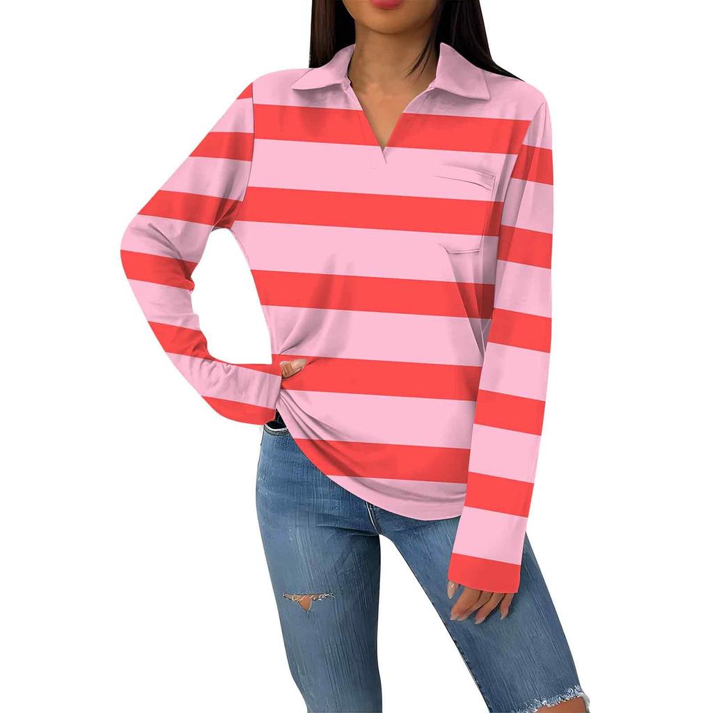 Женская модная повседневная футболка с длинным рукавом и V-образным вырезом в полоску с принтом и лацканами