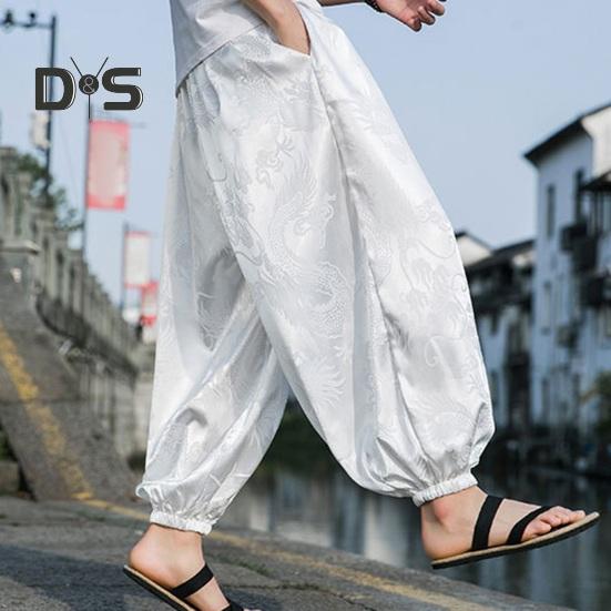 Мужские брюки-фонарики в стиле хиппи в стиле бохо, мешковатые брюки с принтом дракона, свободные мягкие дышащие шаровары с полосками на щиколотке, длинные брюки для йоги