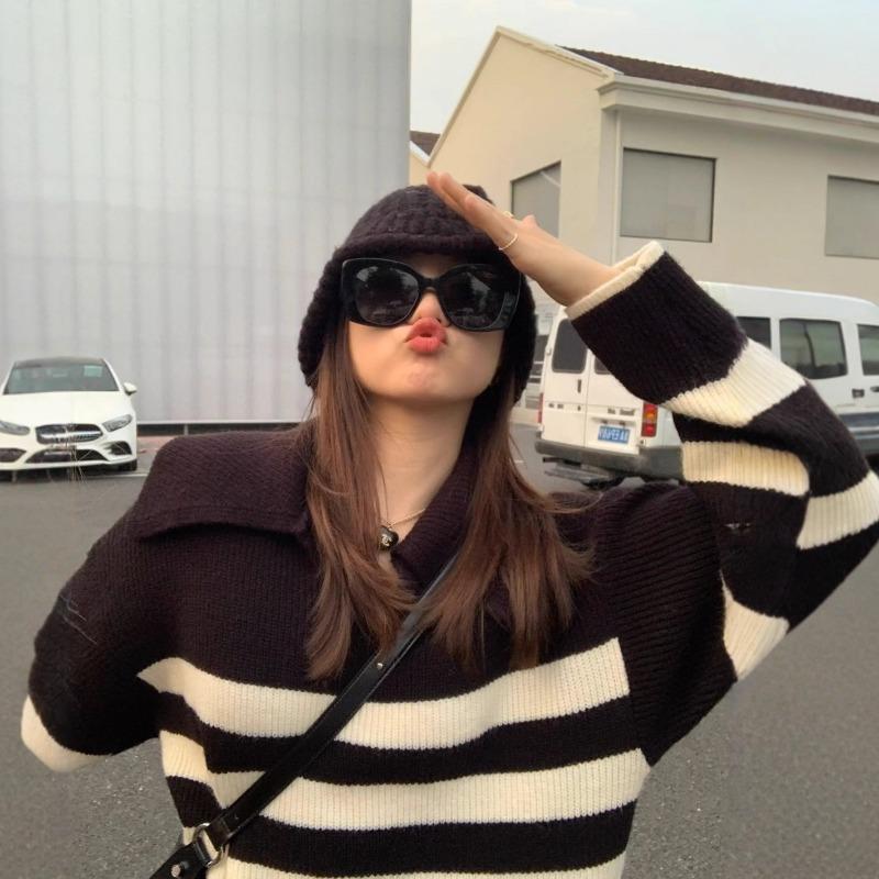 [] Black and White Striped Medium and Long Knitted Dress Autumn and Winter New Loose Lazy Sweater Skirt