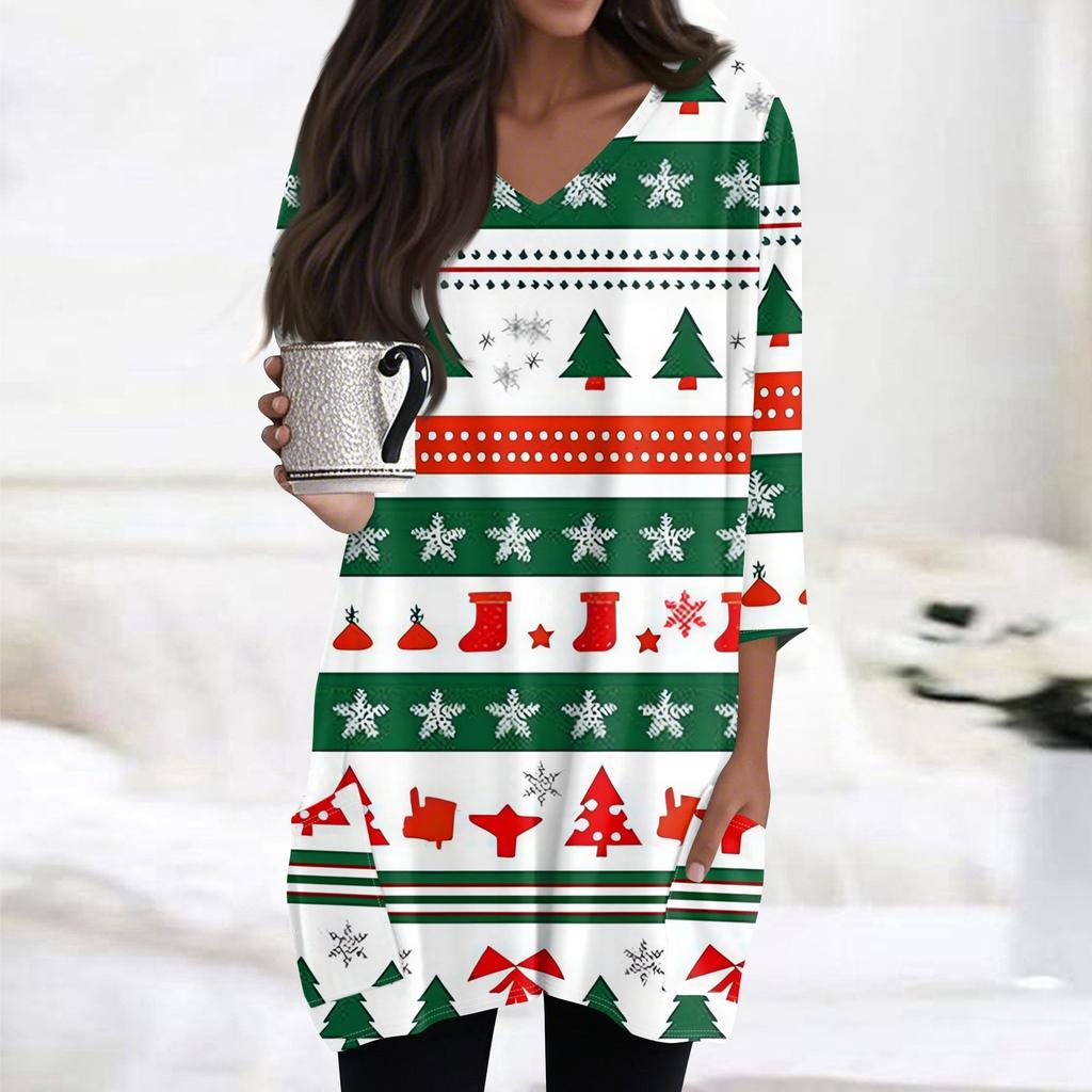 Женские топы с V-образным вырезом и рукавом 3/4, повседневные блузки средней длины, модные туники с рождественским принтом и карманами