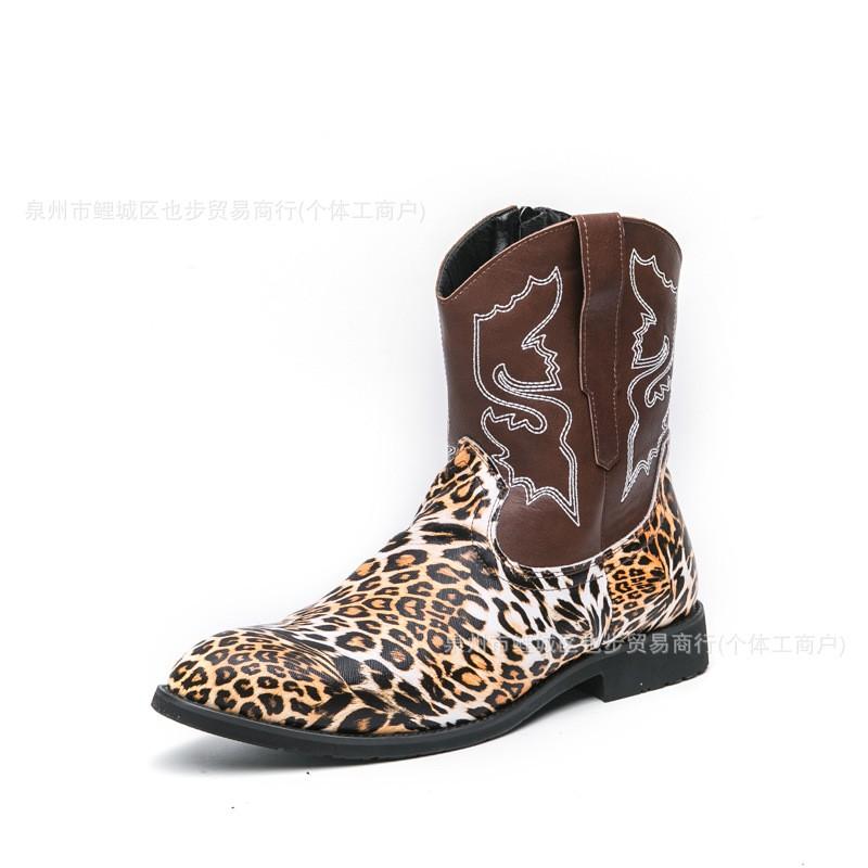 Mens Mid-Calf Western Style Pointed Toe Zip Leather Boots Leopard Print Casual Large Size