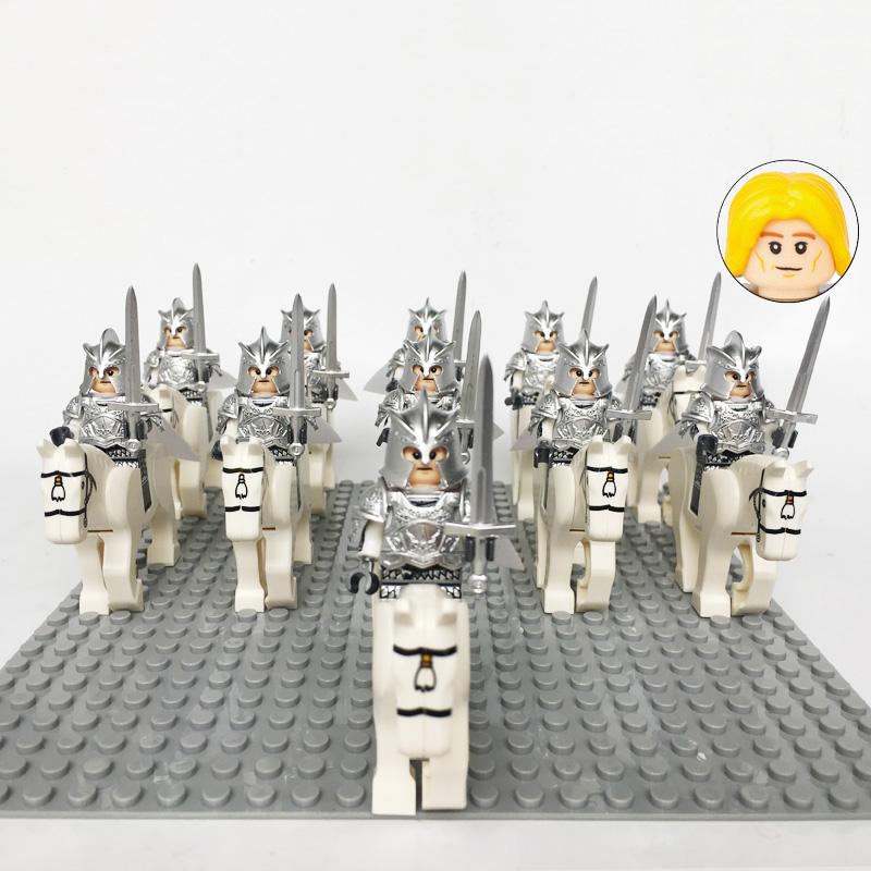 Medieval Knights Castle Cavalry Rohan Soldiers Guard Army Lotr Cavalier With Weapon Armor Helmet Shield and Horse Figure Blocks