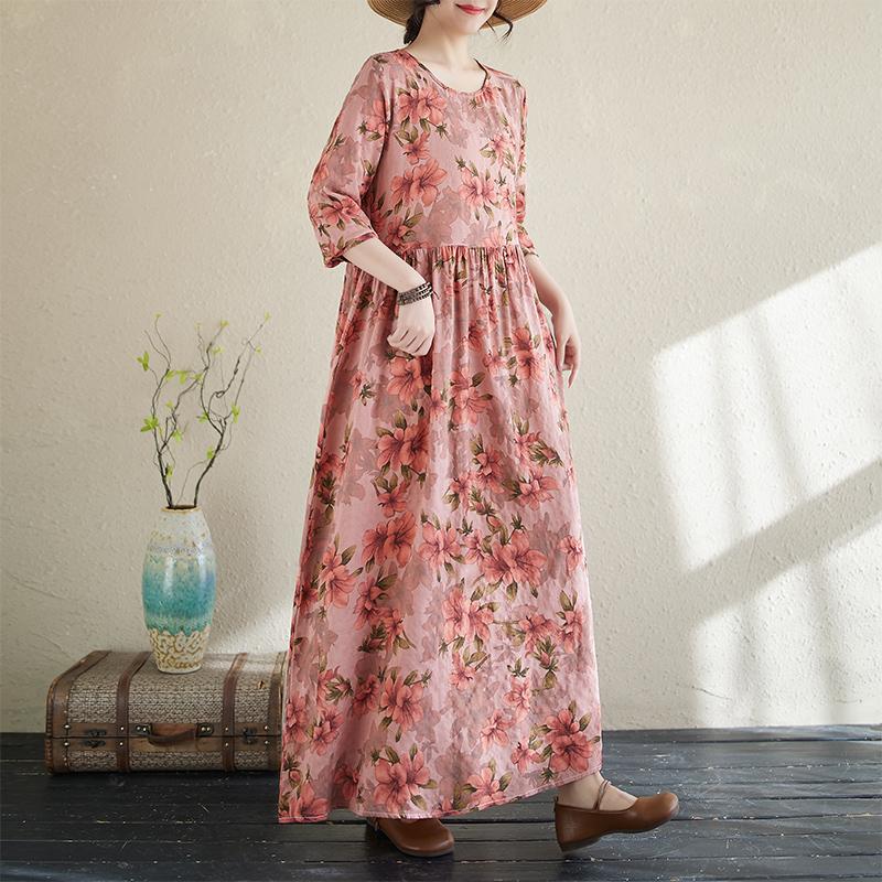 DIMANAF 2025 Women New Plus Size Spring Long Dress Long Sleeve Loose Casual Vintage Maxi Holiday Floral