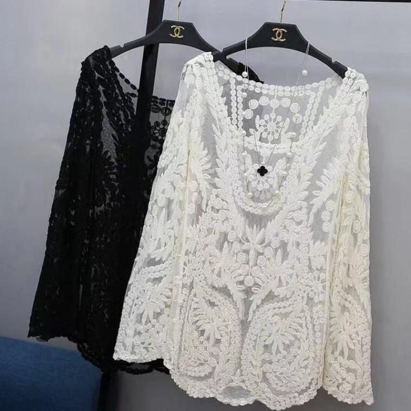 Ethnic Lace Basic Shirt Female Long-sleeve Slim Top Women Retro Slim Summer Shirt Pullover Hollow Out Black Lace Blouse