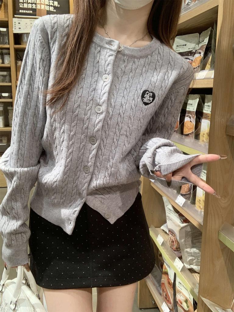 Темно-синий белый свитер с круглым вырезом, переплетением и вышивкой для женской весны и осени, свитер-жакет с небольшим дизайном