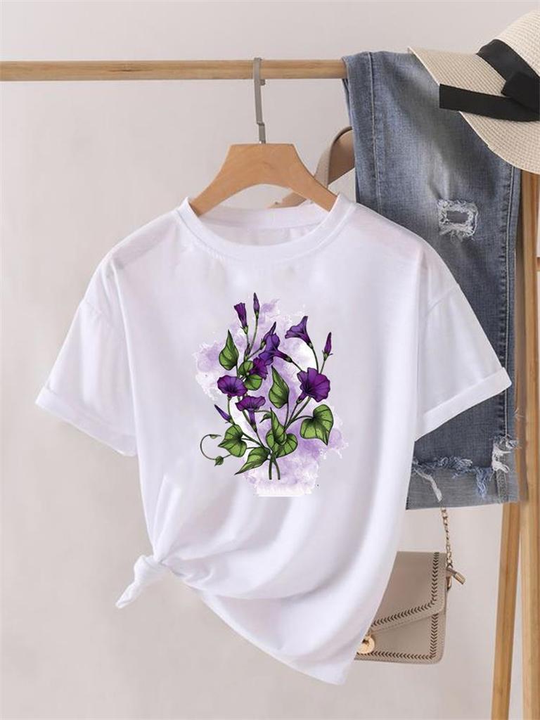 Butterfly Flower Sweet Trend Short Sleeve Print Fashion Graphic Tshirt Women Top Lady Female Shirt Tee Oneck Clothing Clothes
