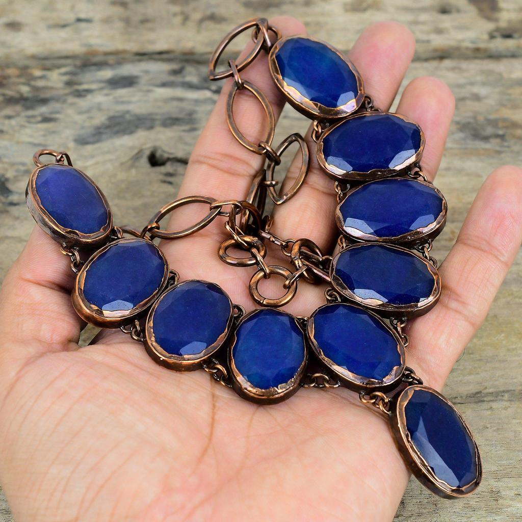 Ожерелье из граненого синего сапфира, ожерелье из электроформованной меди с регулируемой цепочкой, ожерелье из драгоценных камней ручной работы, электроформованное ювелирное изделие, подарки для нее