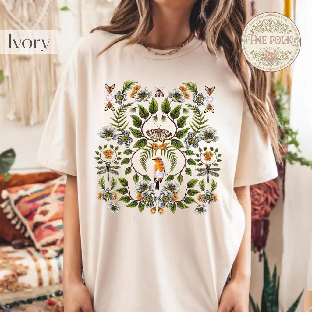 Botanical Robin Shirt, Vintage Bird and Insect T-Shirt, Cottagecore Aesthetic Clothes, Nature Lover Gift, Wildflower Garden Graphic Shirt