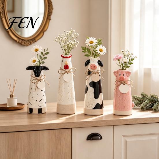 Warm Home Atmosphere Decor Resin Cute Animal Vase, Farmhouse Decorative Flower Holder for Artistic Table Decoration Office Decor Pig/Cow/Sheep/Chicken