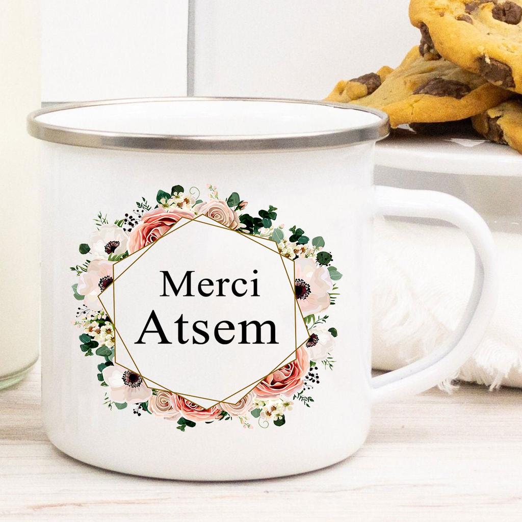 Французский Спасибо Atsem Принт Эмалированные Кружки Креативная Кофейная Кружка Напиток Сок Молоко Чашки Школа Дом Ручка Посуда Подарки Учителю