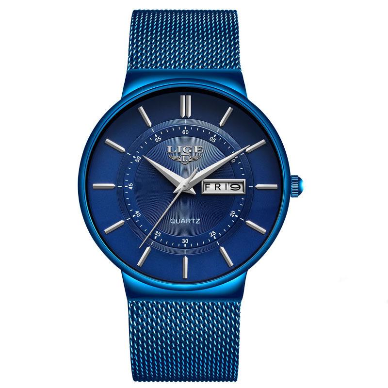 LIGE Mens Quartz Watch Dual Calendar Three-Hand Movement Ultra-Thin Waterproof Mesh Band Wristwatch Day Date Silver