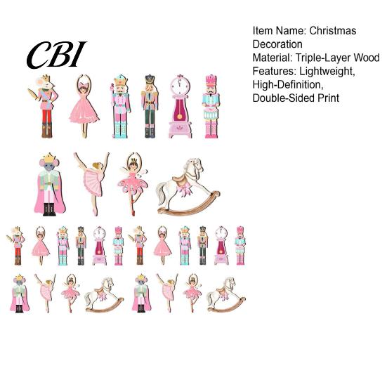 Pink Nutcracker Pendants 10/20/30Pcs Wooden Christmas Ornaments, Watercolor Hanging Decor with Girl Gift Ideas Ballerina, Horse & Mouse King Designs,