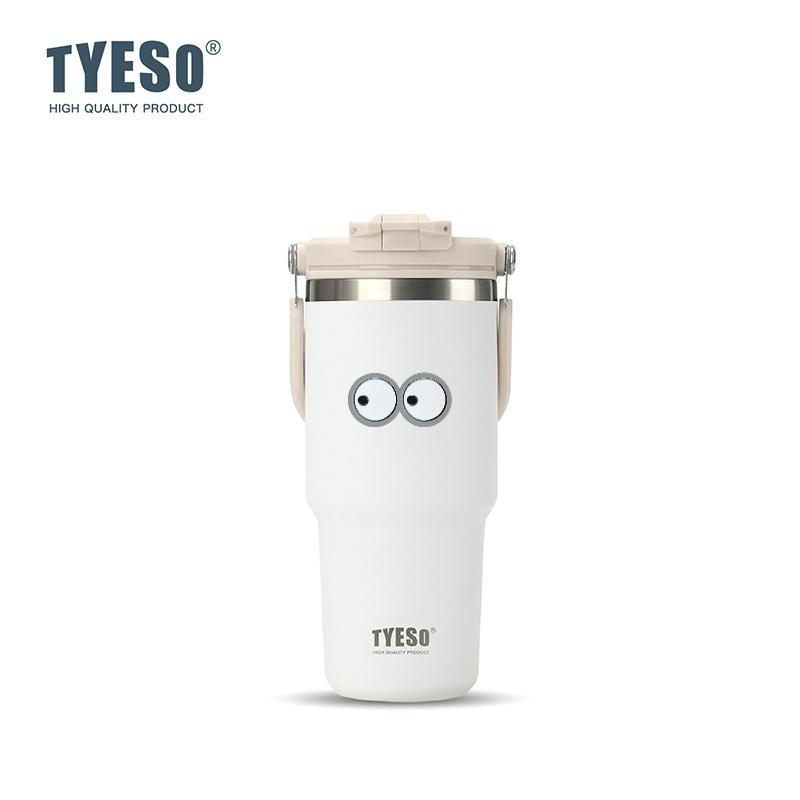 Tyeso 750ml Vacuum Cup Handle Dual-Drink Coffee Mug 304 Stainless Steel Ice Cup Car Bottle Hot Cold Retention Thermoses with Eye Sticker