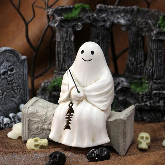 Хэллоуин Скульптура Синтетическая смола Скелет Рыбак Статуя Мини Привидение Рыбалка Пруд Садовое украшение