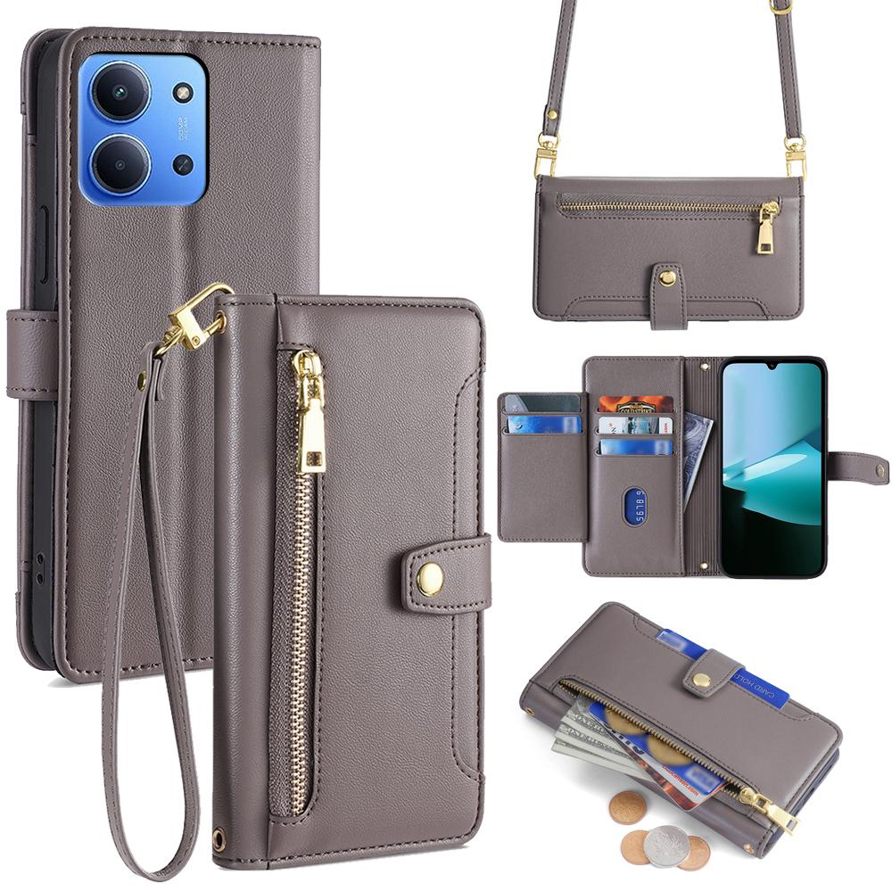 Leather Case for Xiaomi Redmi 15C 4G (EU) (173mm)/15C 5G (EU) (173mm)/Poco C85 4G (173mm) Zipper Pocket Wallet Phone Cover with 2 Straps