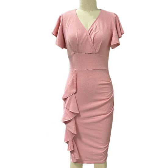 Женское летнее платье с V-образным вырезом и короткими рукавами с рюшами, однотонное, мягкое, плотное, с высокой талией, эластичное, OL, для поездок на работу, до колена, для вечеринки, клуба, формальное платье миди