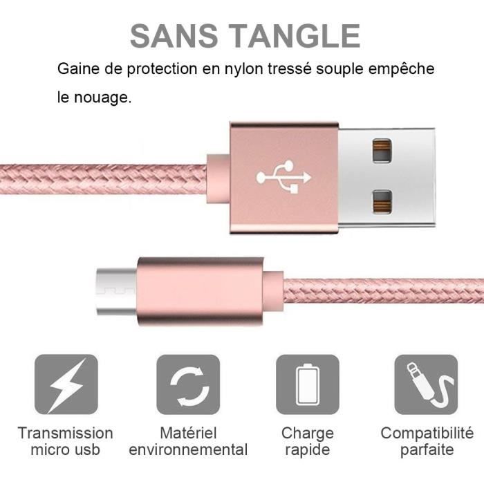 Câble Micro USB - Non spécifié - 1M - Nylon - Rose - Compatible Android